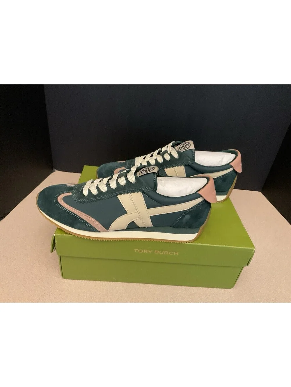 New! Womens Tory Burch HANK Nylon & Suede Sneakers, Bottle Green/Pink. Size 8.